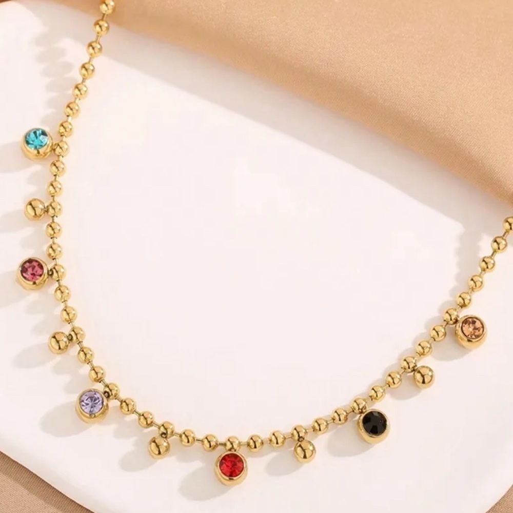 18K Gold Bohemian Beaded Interval Colorful Multicolor Gemstone Necklace No Fade